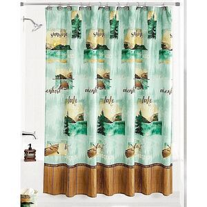 Mountain Lake Fabric Shower Curtain Teal Green Brown Fishing Boat Bath Gift NEW